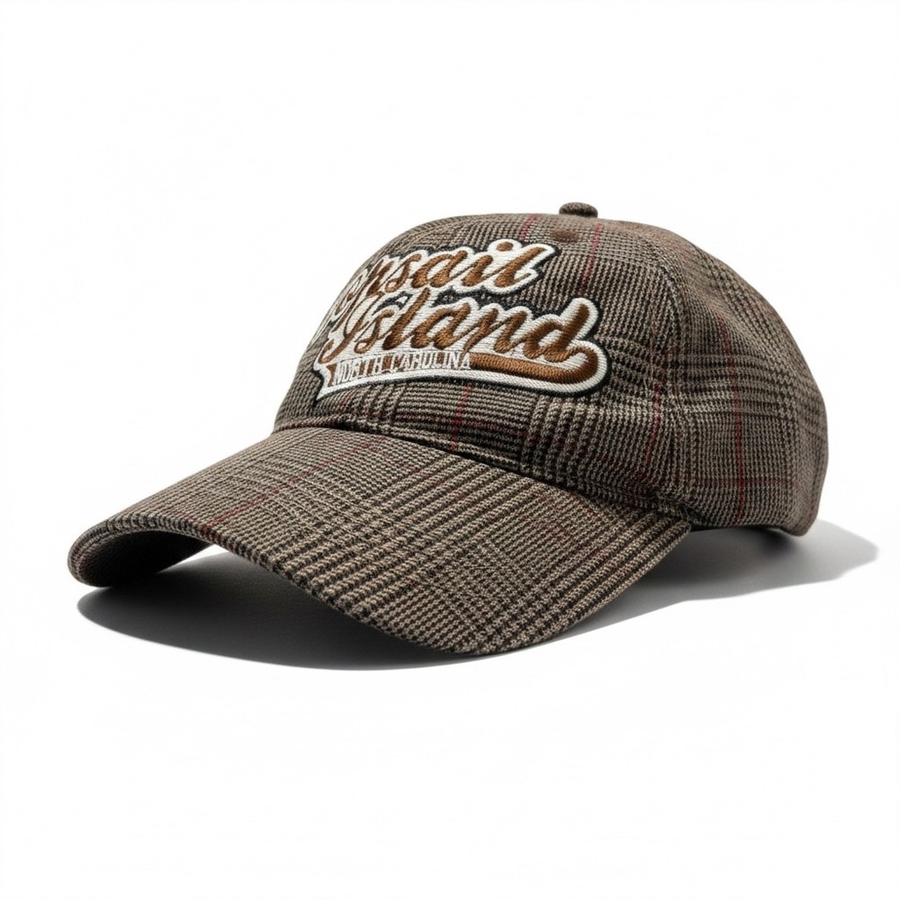 Vintage Baseball Cap Topsail Island Brown Plaid Cotton Blend NC Souvenir Hat